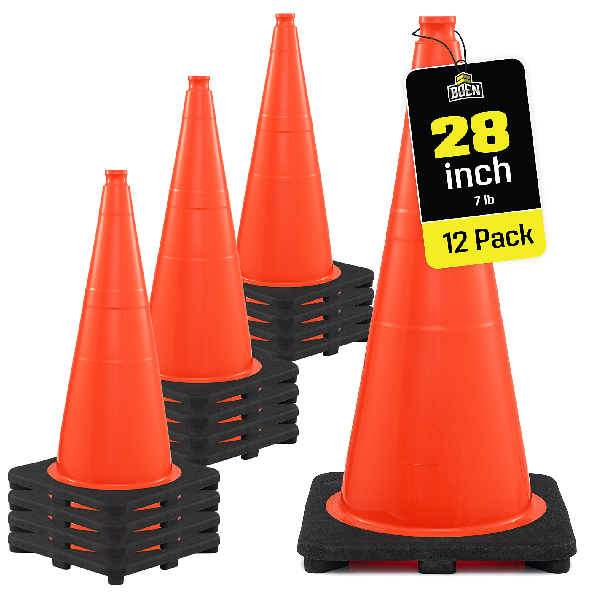 Boen 28 in, Orange Traffic Cone, 12-Pack, High-Visibility Safety Cones with 7 lb. Base for Parking, Road Work & Traffic Control